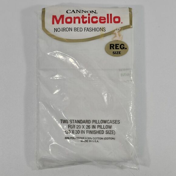 Vintage Cannon Monticello No-Iron Pillowcases 50/50 Cotton Polyester 20x30 White - Picture 1 of 4